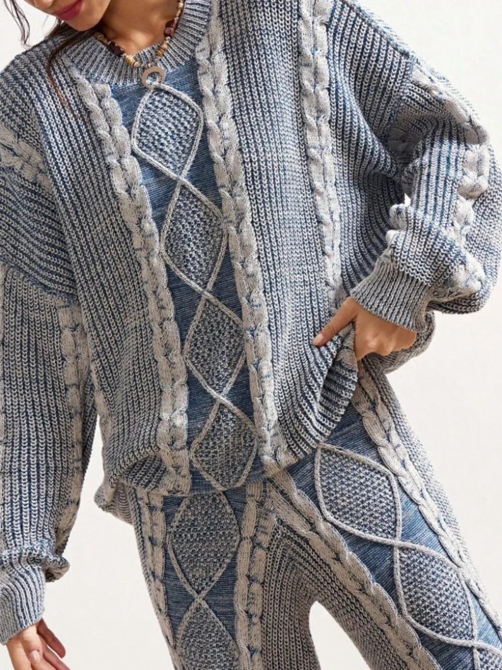 Blue & Gray Marled Cable Knit Oversized Sweater